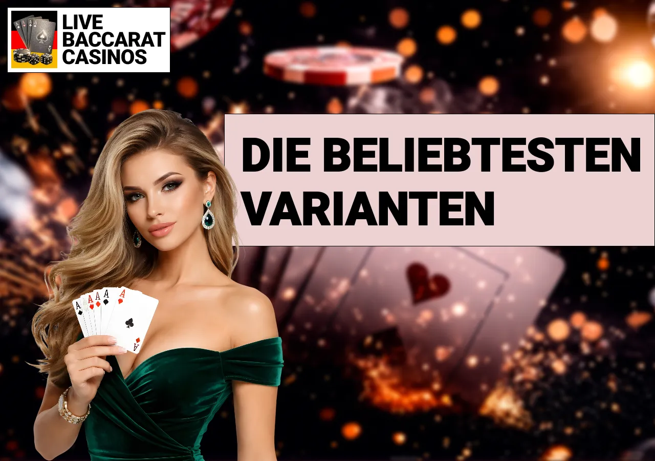 Elegante Spielerin präsentiert verschiedene Baccarat-Karten für die beliebtesten Spielvarianten im Live Baccarat in Deutschland.